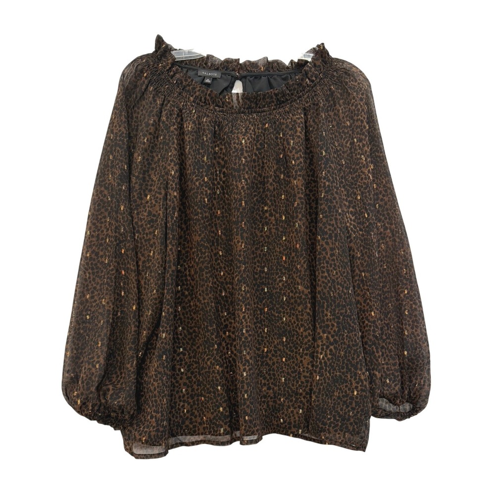 Talbots Womens XL Leopard Print Gold Metallic Smocked Neck Blouse NWT